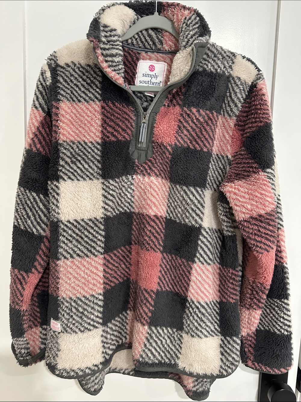 Simply Southern Pink Gray Cream Buffalo Check Plaid Sherpa Fleece Quarter Zip